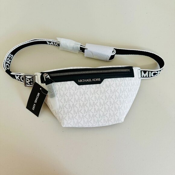MICHAEL KORS MK SIGNATURE LOGO COOPER BELT BAG BRIGHT WHITE UNISEX - Picture 2 of 15